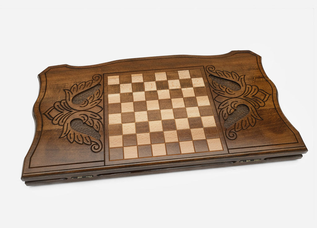 Armenian backgammon set open to the 23.6 inch / 60 cm nardi playing field