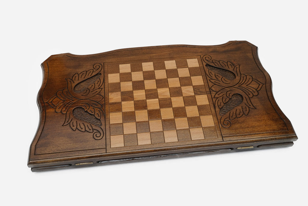 Wooden backgammon set open to the 23.6 inch / 60 cm nardi playing field