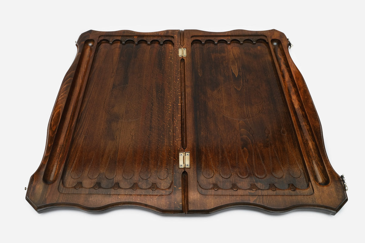 Handmade wooden backgammon set with bronze hinges and clasps - carved bear
