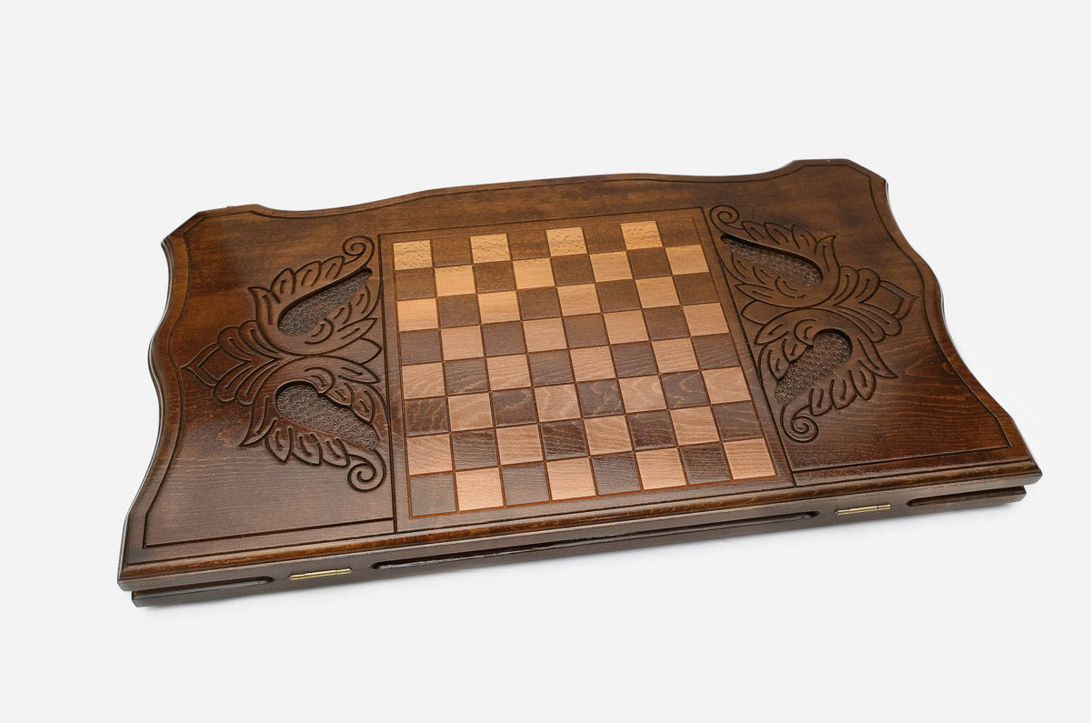 Wooden backgammon set open to the 23.6 inch / 60 cm nardi playing field