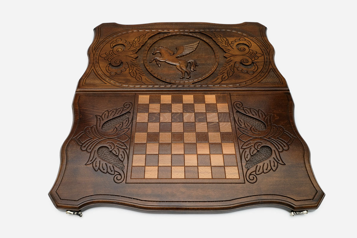 Winged Pegasus rearing with spread wings hand-carved in wood - backgammon board