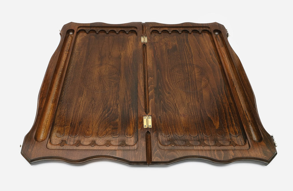 Handmade wooden backgammon set with bronze hinges and clasps - octagon ornament
