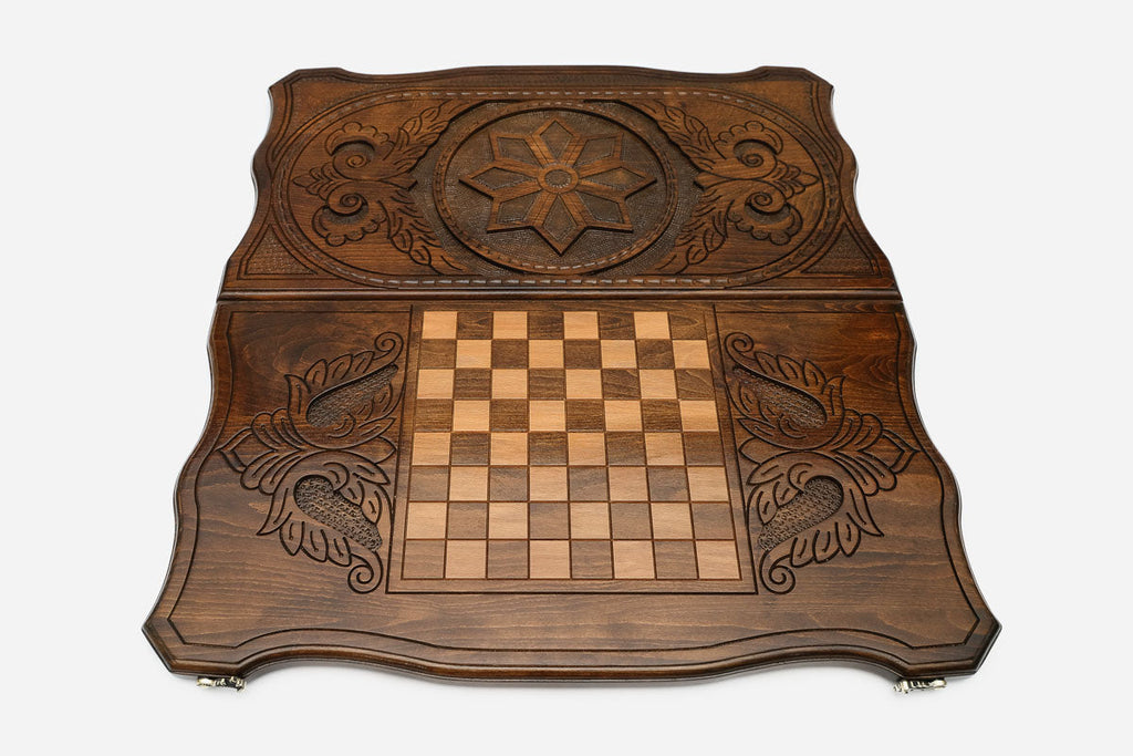 Octagon ornament hand-carved in wood - geometric backgammon board detail
