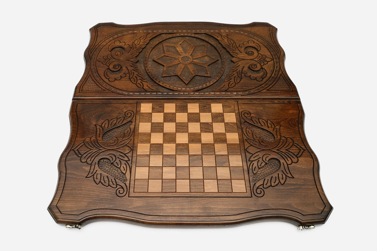 Octagon ornament hand-carved in wood - geometric backgammon board detail