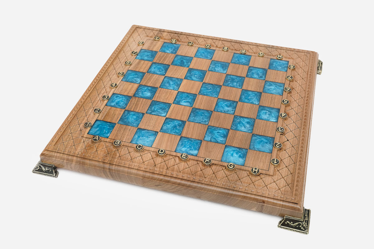 Detail of the blue epoxy squares and lattice-carved border
