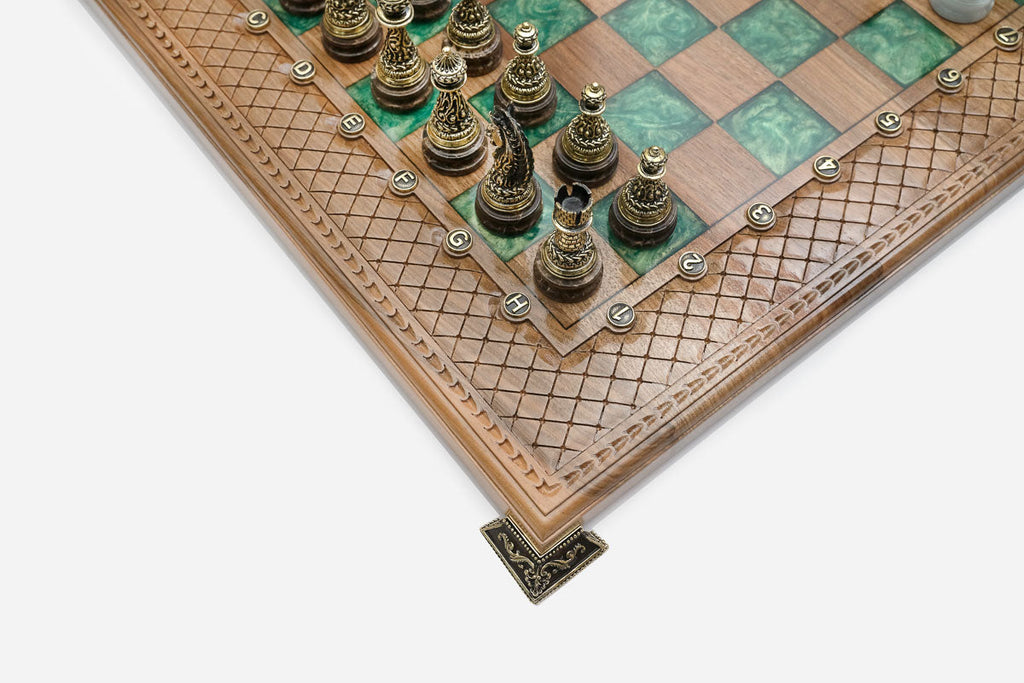 Detail of the green epoxy squares and lattice-carved border