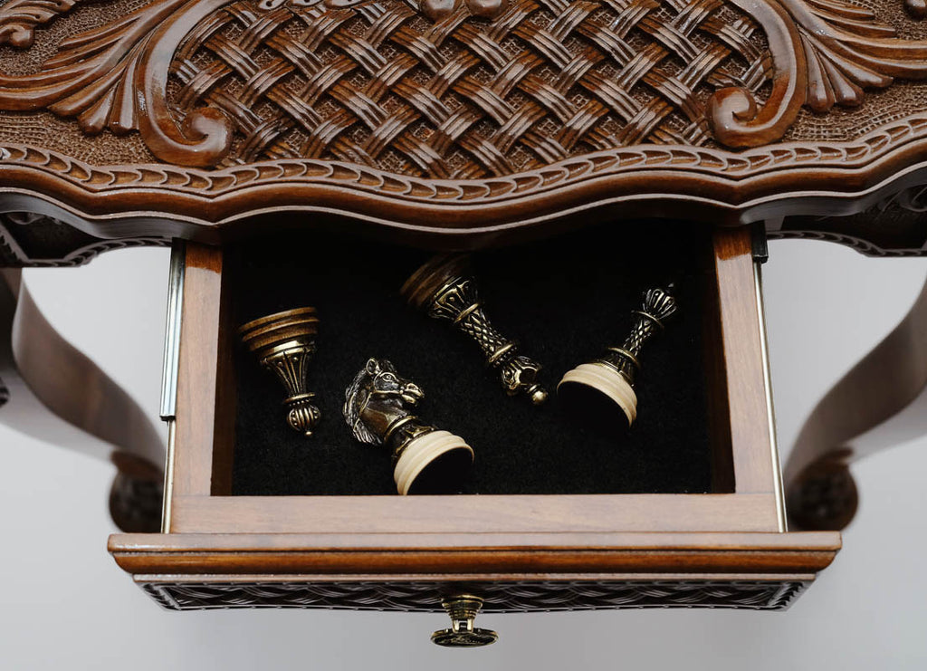 Carved chess table, full view