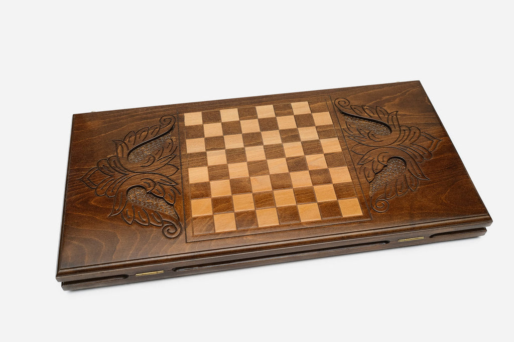 Wooden backgammon set open to the 23.6 inch / 60 cm nardi playing field