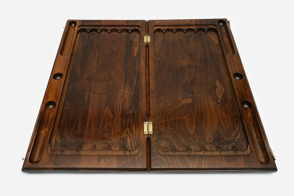 Handmade wooden backgammon set with bronze hinges and clasps - carved eagle