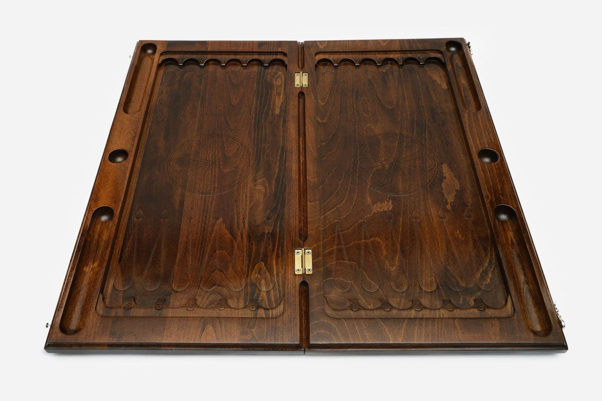 Handmade wooden backgammon set with bronze hinges and clasps - carved eagle