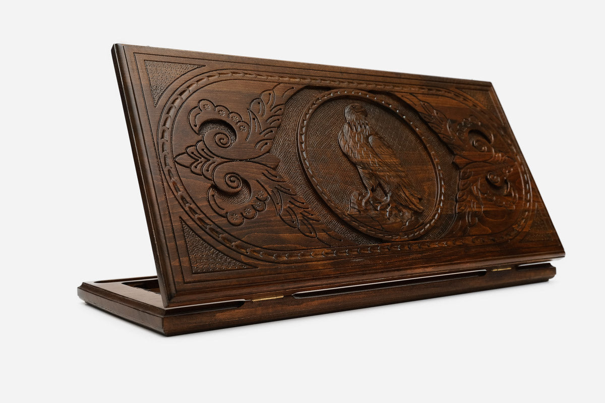 Backgammon Set with Eagle - hand-carved wooden backgammon board