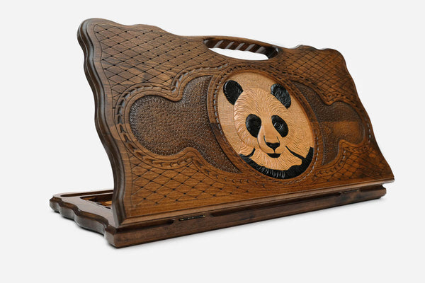 Carved beechwood backgammon board with a two-tone panda and a carry handle, propped open