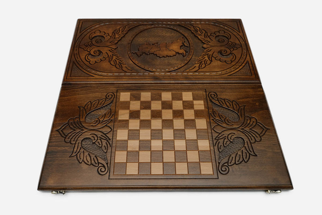 Map of Russia with cities and rivers hand-carved in wood - backgammon board detail