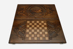 Map of Russia with cities and rivers hand-carved in wood - backgammon board detail