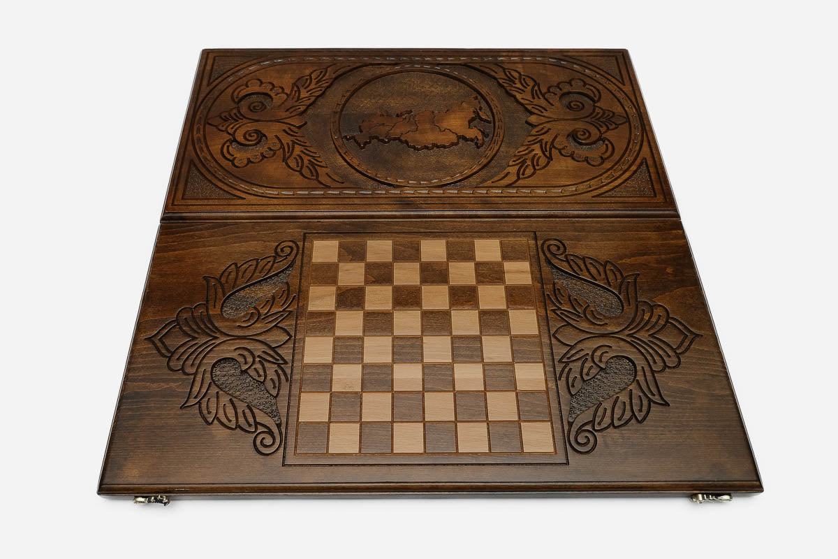 Map of Russia with cities and rivers hand-carved in wood - backgammon board detail