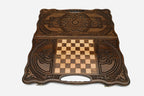 Angled view of the twin interlace carved backgammon board