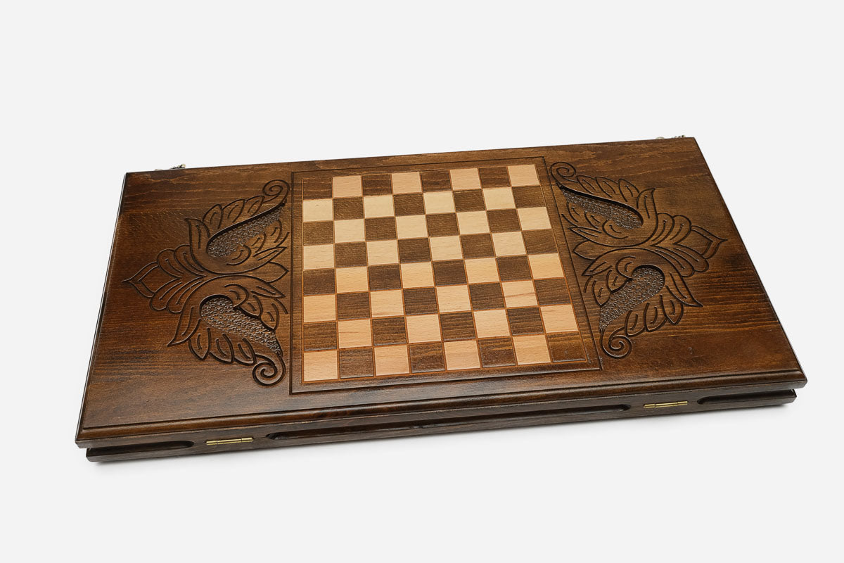 Wooden backgammon set open to the 23.6 inch / 60 cm nardi playing field