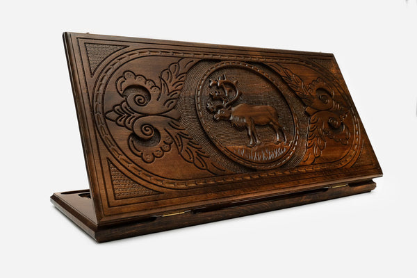Backgammon Set with Deer - hand-carved wooden backgammon board