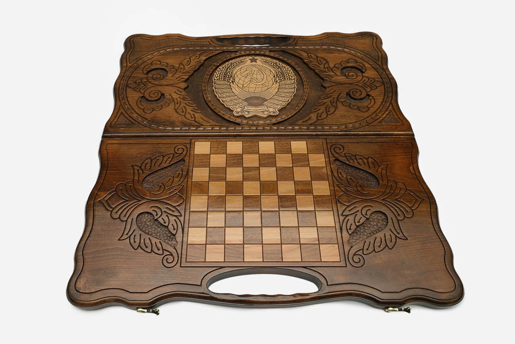 Angled view of the USSR coat of arms carved backgammon board