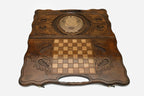 Angled view of the USSR coat of arms carved backgammon board