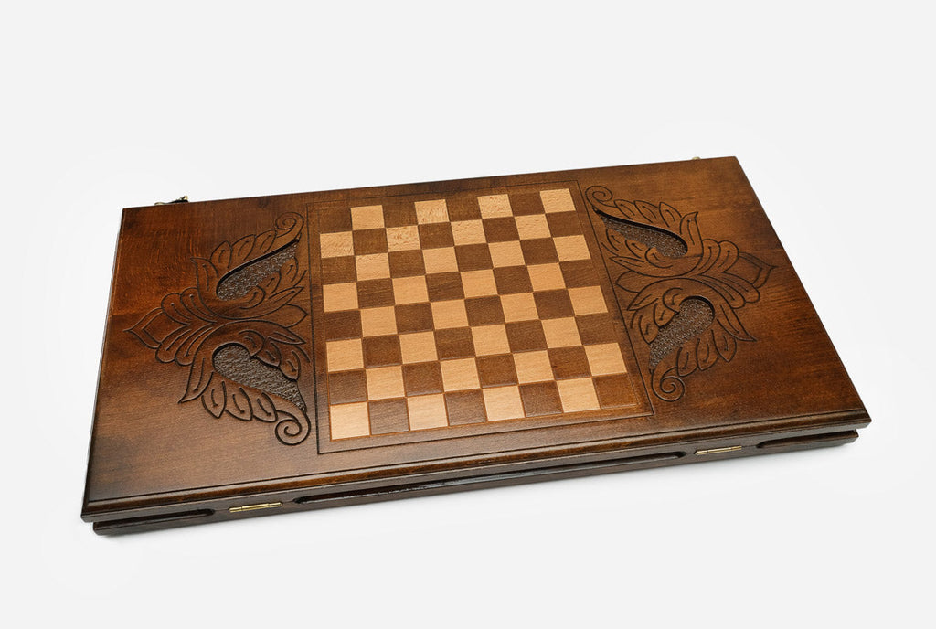 Wooden backgammon set open to the 23.6 inch / 60 cm nardi playing field