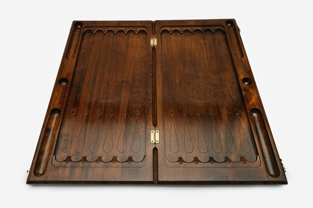 Handmade wooden backgammon set with bronze hinges and clasps - wolf and moon