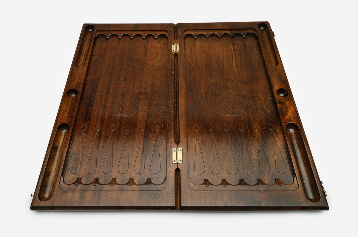 Handmade wooden backgammon set with bronze hinges and clasps - wolf and moon