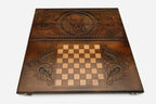 Wolf and moon night scene hand-carved in wood - backgammon board detail