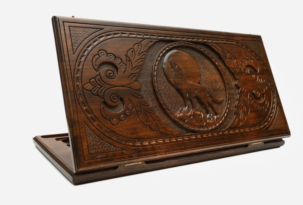 Backgammon Set with Wolf and Moon - hand-carved wooden backgammon board