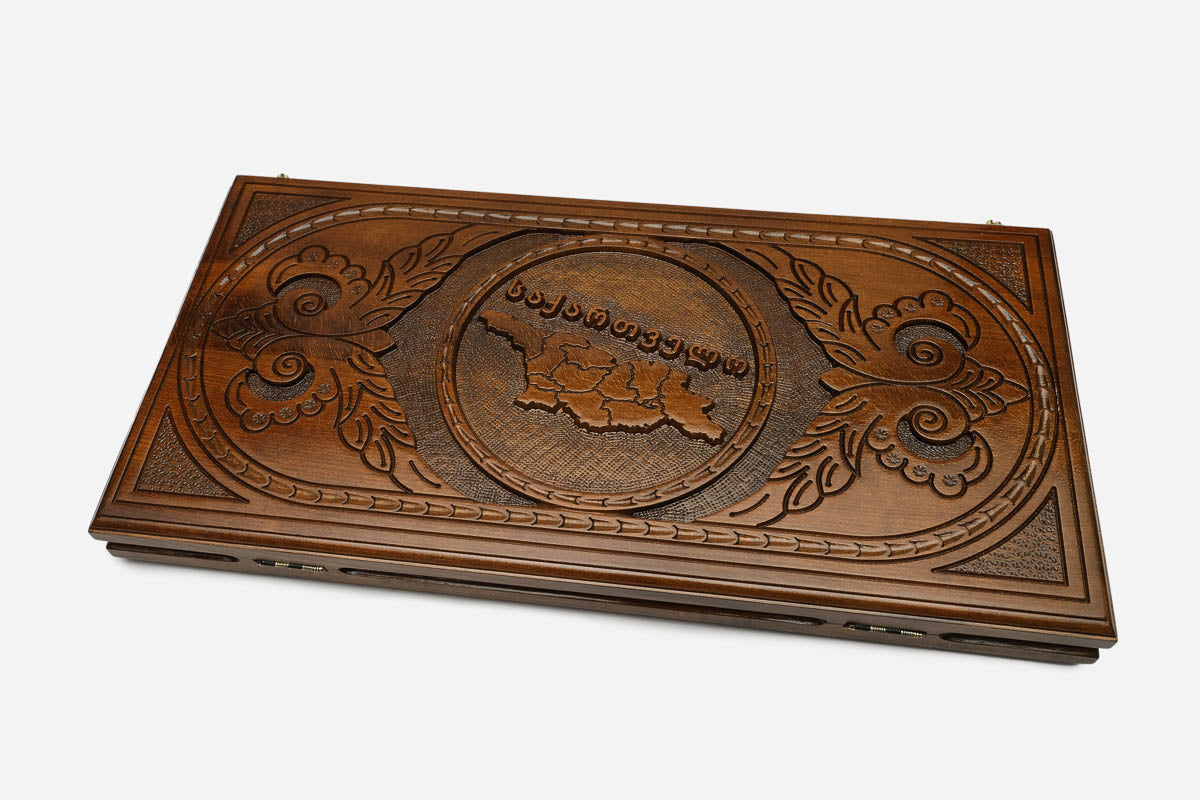 Map of Georgia backgammon set with 32 beech and walnut checkers, dice and carrying bag