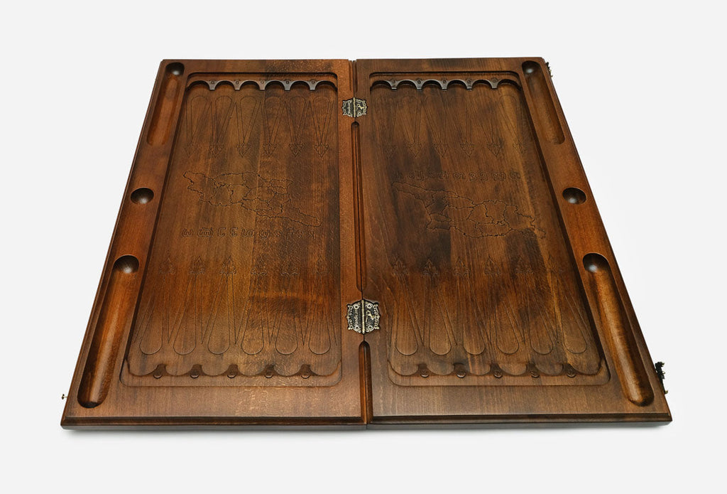 Handmade Georgian backgammon set with bronze hinges and clasps - carved map