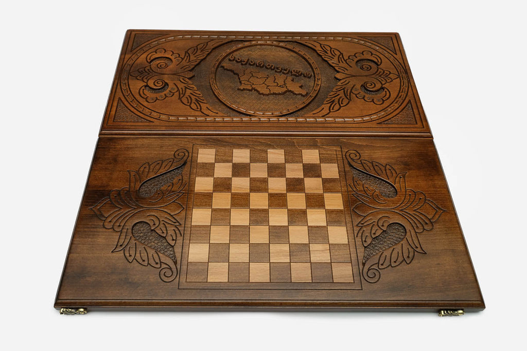 Map of Georgia with landmarks and rivers hand-carved in wood - backgammon board