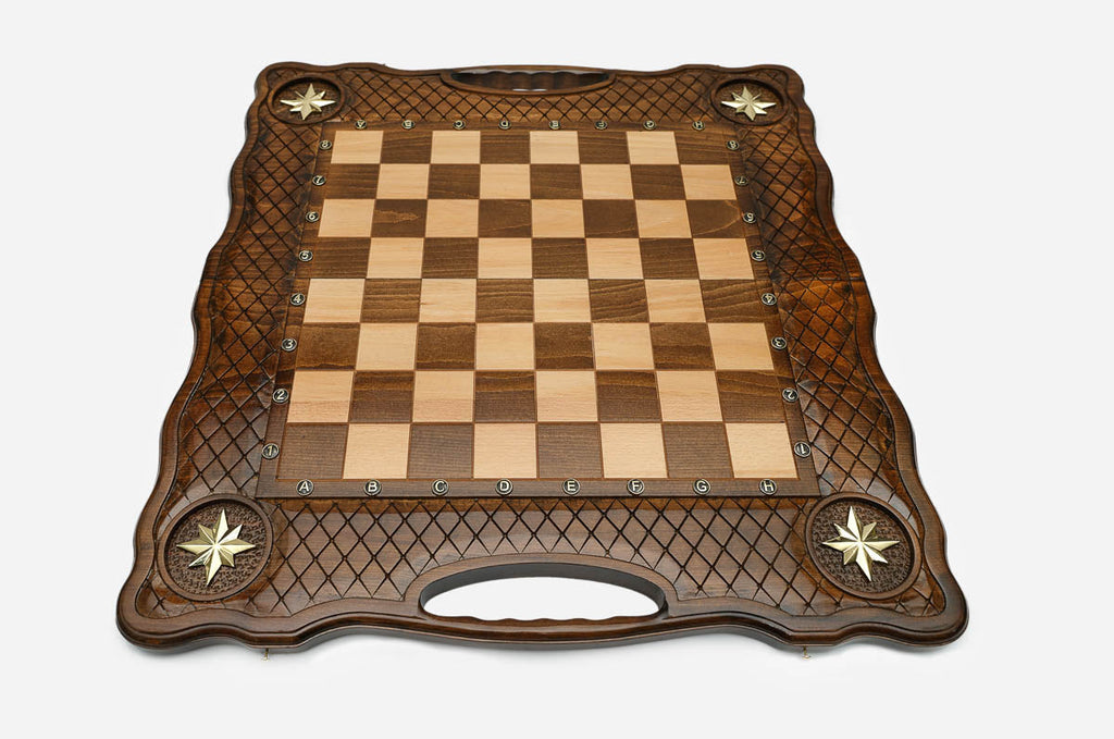 Overhead view of the full bronze chess army on the inlaid 60 cm board