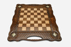 Overhead view of the full bronze chess army on the inlaid 60 cm board