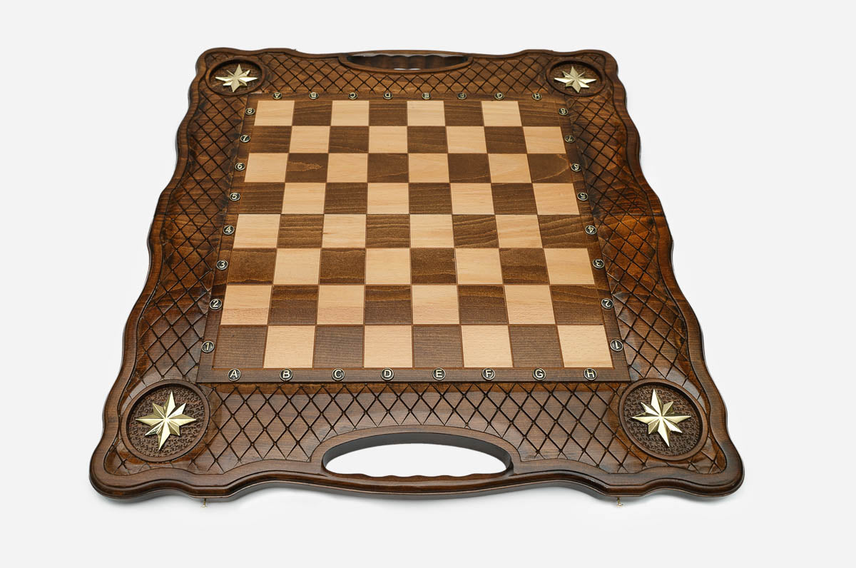 Overhead view of the full bronze chess army on the inlaid 60 cm board