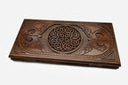 Border ornament backgammon set with 32 beech and walnut checkers, dice and carrying bag