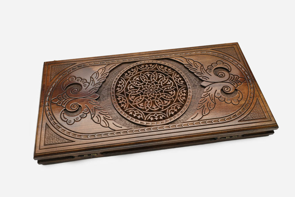 Armenian backgammon set open to the 23.6 inch / 60 cm nardi playing field
