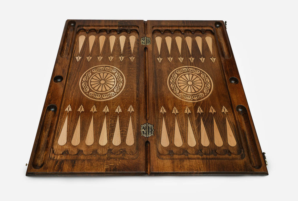 Handmade Armenian backgammon set with bronze hinges and clasps - border ornaments