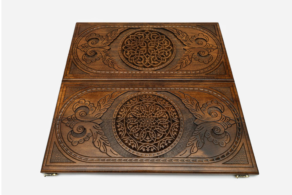 Deep ornamental border frieze hand-carved in wood - Armenian backgammon board