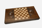 Handmade wooden backgammon set with bronze hinges and clasps - carved tiger