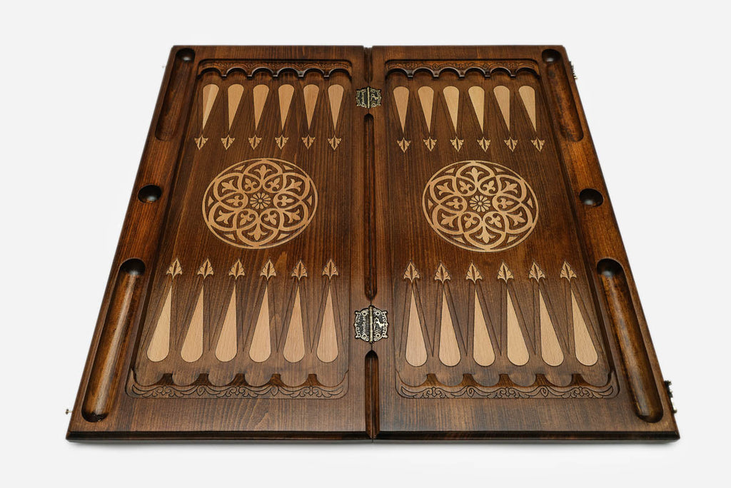 Alert tiger with deep-cut stripes hand-carved in wood - backgammon board detail
