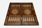 Alert tiger with deep-cut stripes hand-carved in wood - backgammon board detail