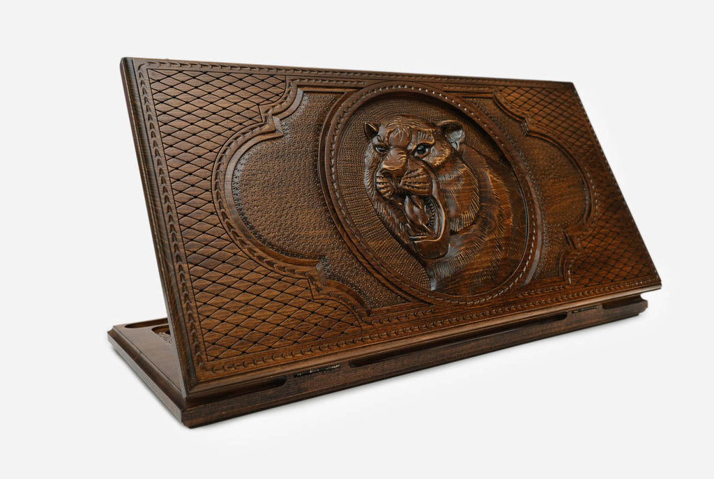 Backgammon Set with Tiger - hand-carved wooden backgammon board