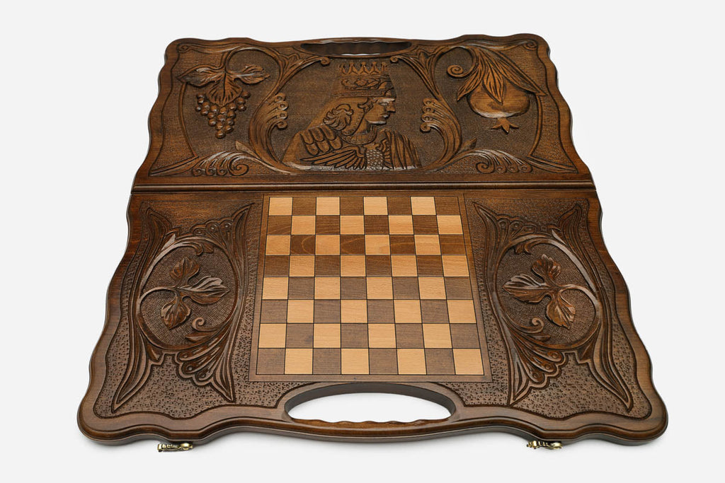 Angled view of the King Tigran the Great carved backgammon board