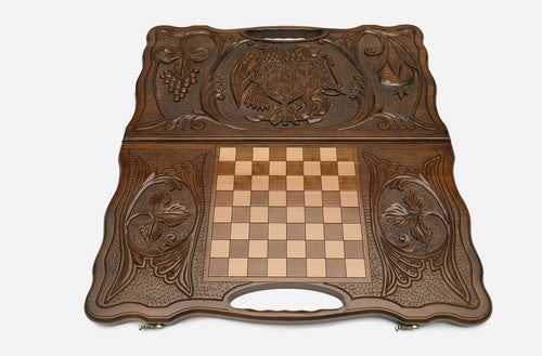 Angled view of the Armenian crest carved backgammon board