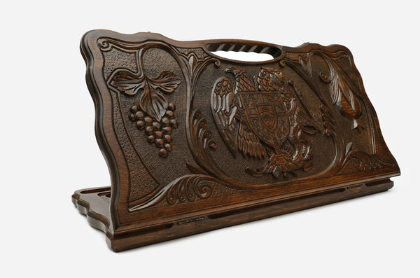 Carved beechwood backgammon board with the Armenian coat of arms and a carry handle, propped open