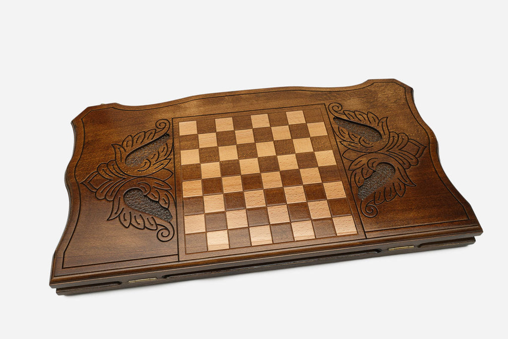 Armenian backgammon set open to the 23.6 inch / 60 cm nardi playing field
