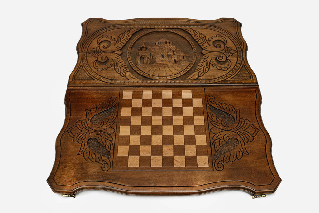 St. Hripsime Church with pointed dome hand-carved in wood - Armenian backgammon board