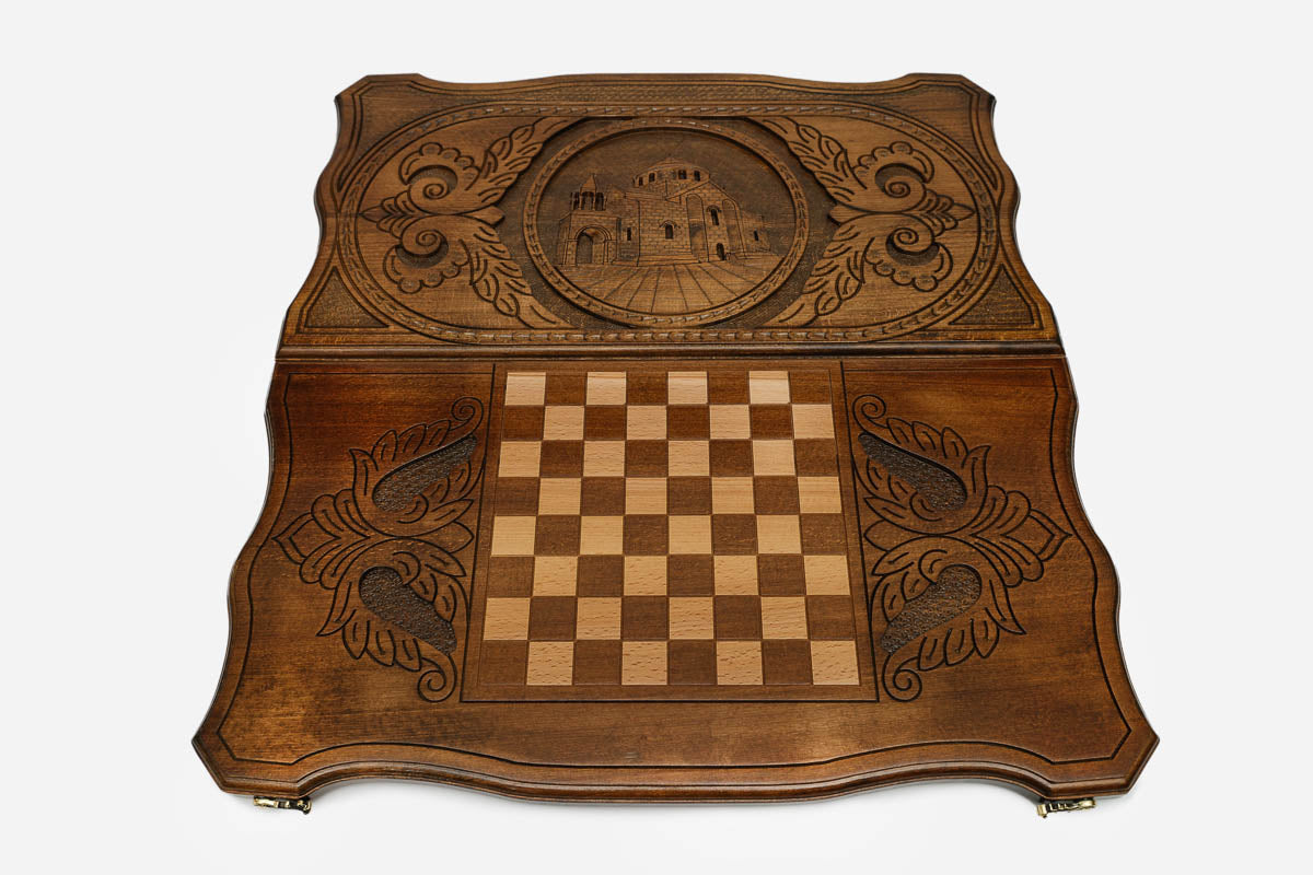 St. Hripsime Church with pointed dome hand-carved in wood - Armenian backgammon board