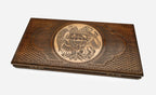 Coat of arms backgammon set with 32 beech and walnut checkers, dice and carrying bag